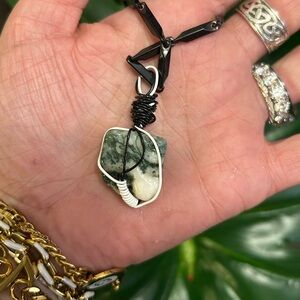 white & black wire wrapped TREE AGATE crystal pendant stainless steel necklace